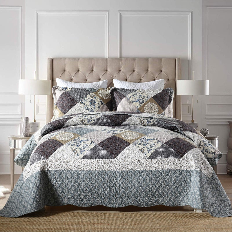 Travan 3-Piece Queen Quilt Set Quilted Bedspread Oversized Microfiber Lightweight Coverlet Set with Shams Reversible Printed Coverlet Bedding Set for All Season, Slate Blue, Queen Size - Image 1
